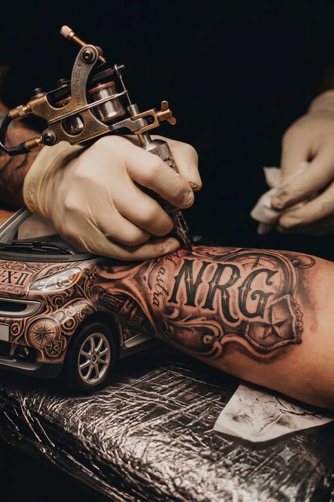 A tattoo artist inking an ornate NRG lettering piece on a client's forearm